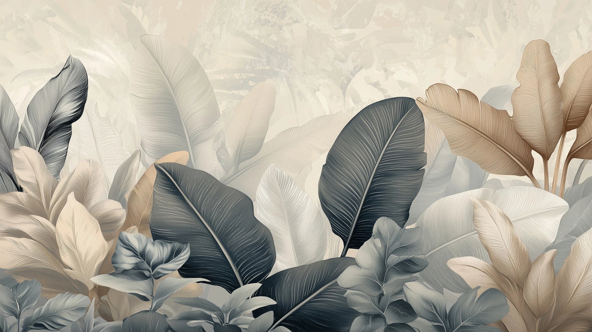 Prezentacja całego wzoru fototapety o nazwie FEATHER SYMPHONY - tapeta z tropikalnymi liśćmi w stonowanych szarościach