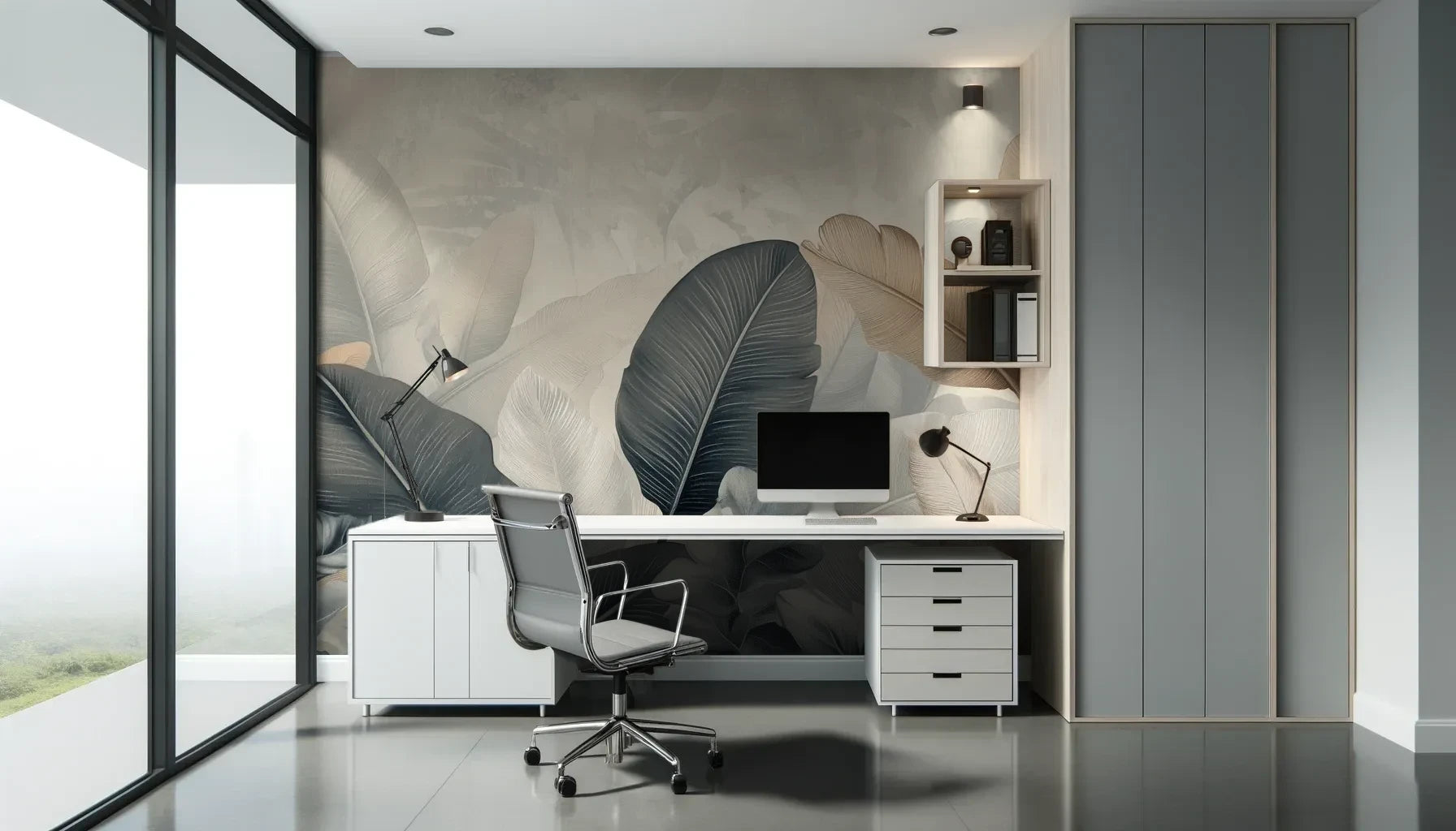 Fototapeta FEATHER SYMPHONY - tapeta z tropikalnymi liśćmi w stonowanych szarościach pokazana w aranżacji biura.