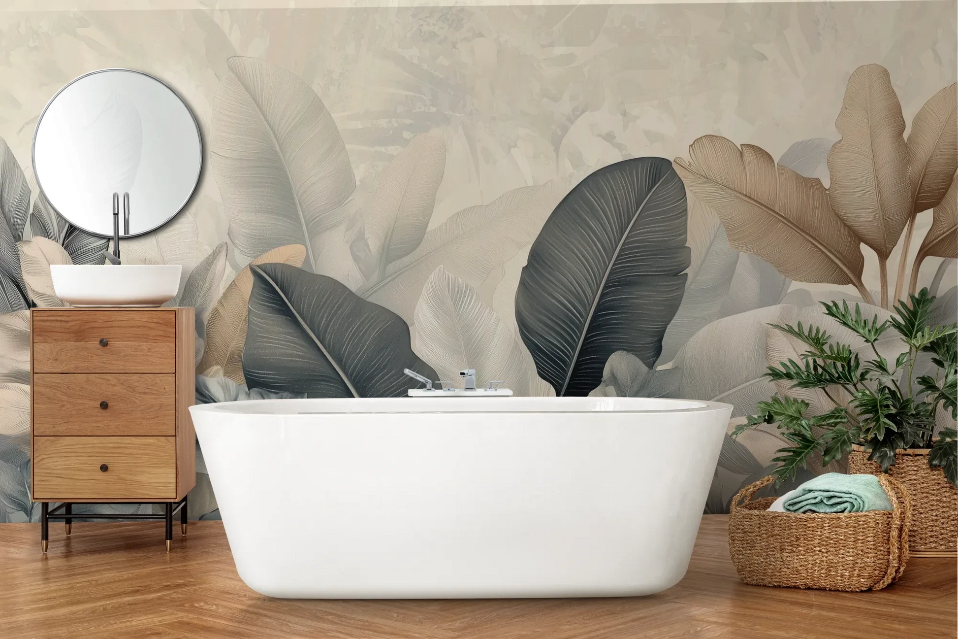 Wzór fototapety FEATHER SYMPHONY - tapeta z tropikalnymi liśćmi w stonowanych szarościach pokazanej w aranżacji łazienki.