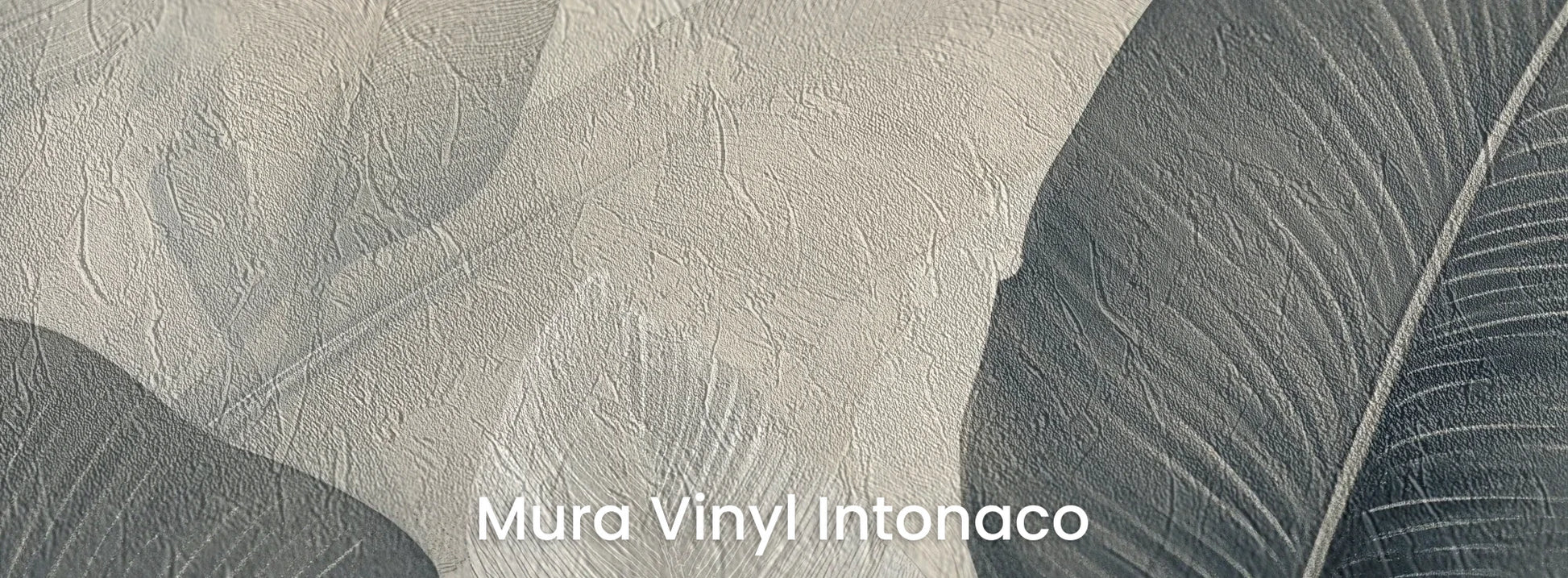 Zbliżenie na fototapetę FEATHER SYMPHONY - tapeta z tropikalnymi liśćmi w stonowanych szarościach na podłożu o strukturze tartego tynku.