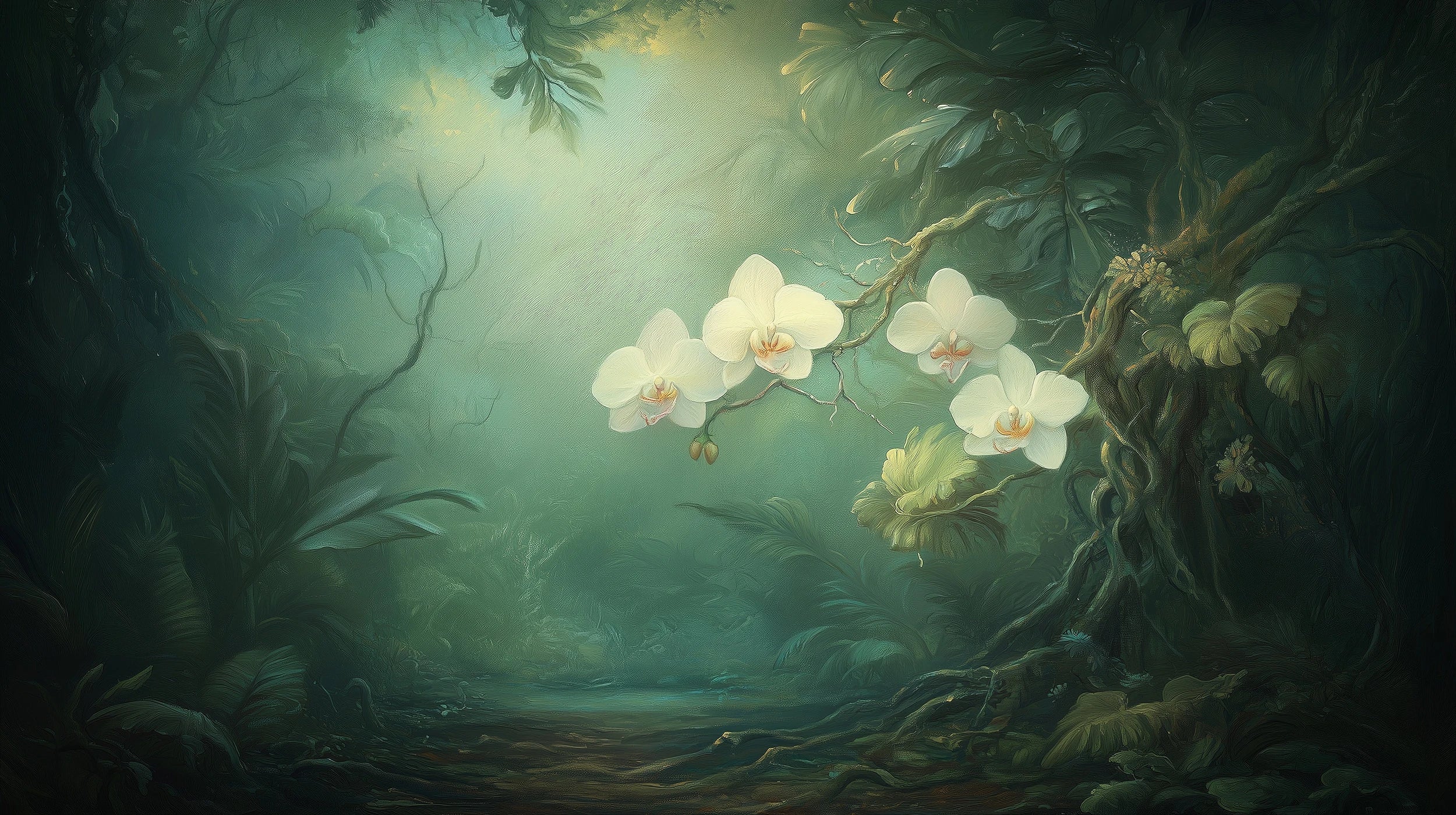 Podgląd wzoru: Prezentacja całego wzoru fototapety o nazwie MOONLIT ORCHIDS - tapeta z tajemniczymi kwiatami w mistycznej poświacie