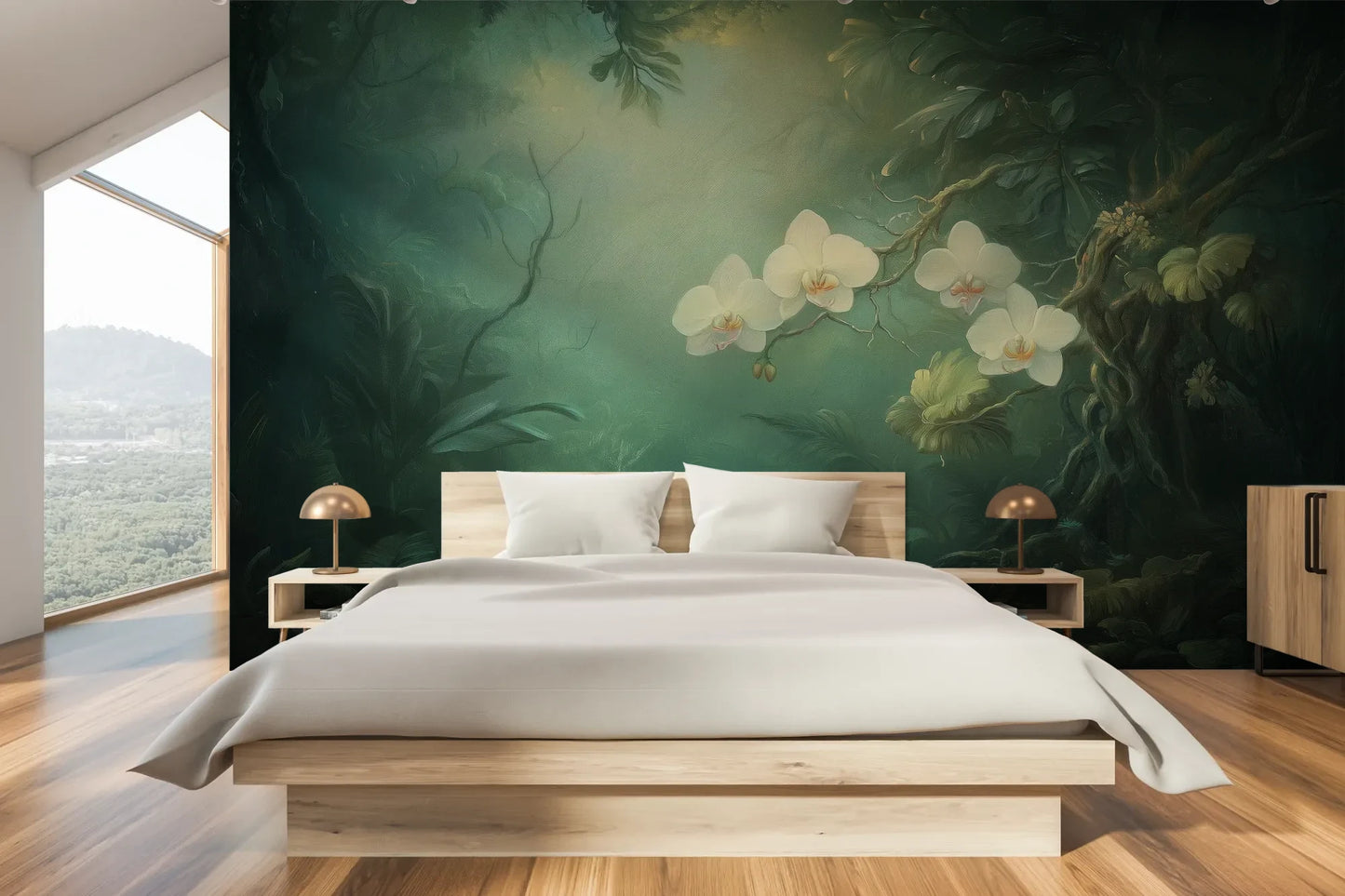 Wzór fototapety MOONLIT ORCHIDS - tapeta z tajemniczymi kwiatami w mistycznej poświacie pokazanej w aranżacji sypialni.