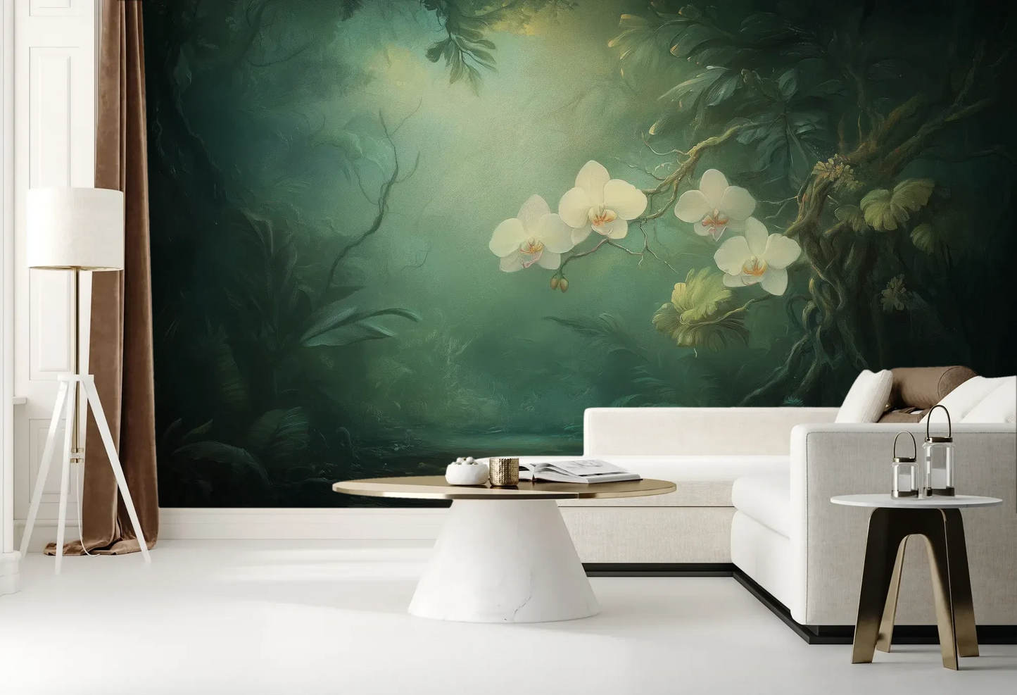 Wzór fototapety MOONLIT ORCHIDS - tapeta z tajemniczymi kwiatami w mistycznej poświacie pokazanej w aranżacji salonu.