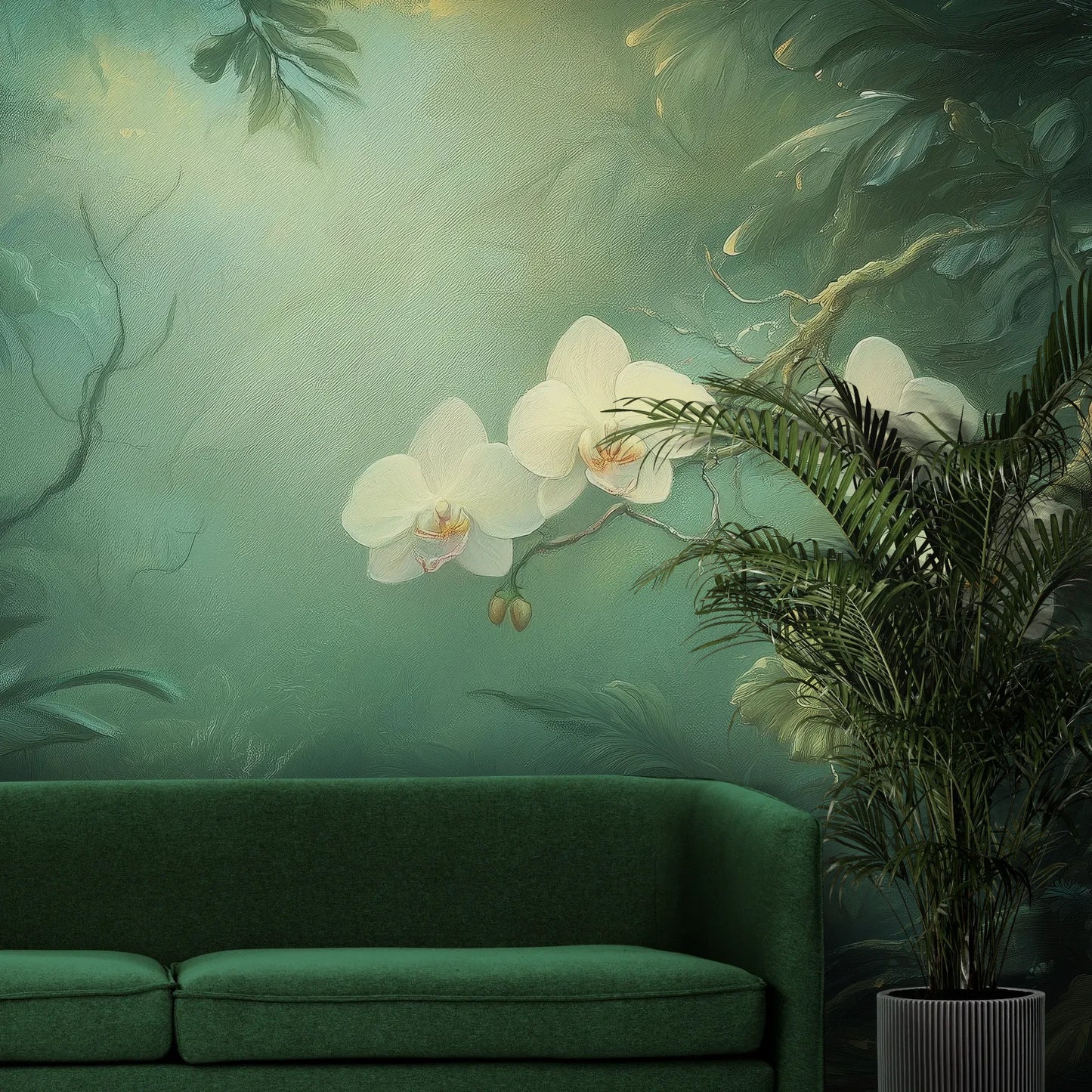 Fototapeta MOONLIT ORCHIDS - tapeta z tajemniczymi kwiatami w mistycznej poświacie pokazana w aranżacji wnętrza z akcentem na ścianie.
