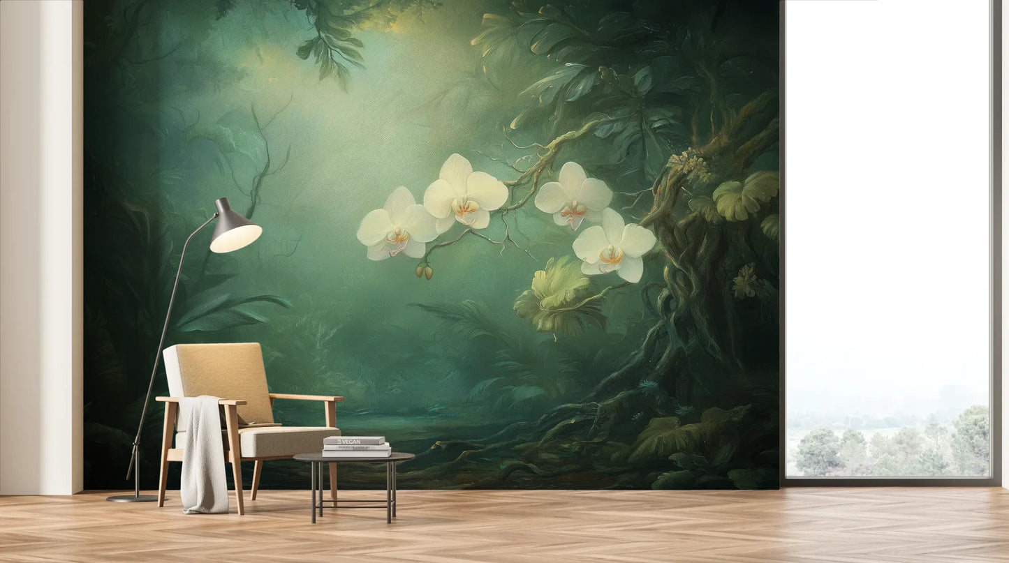 Wzór fototapety MOONLIT ORCHIDS - tapeta z tajemniczymi kwiatami w mistycznej poświacie pokazanej w aranżacji salonu.