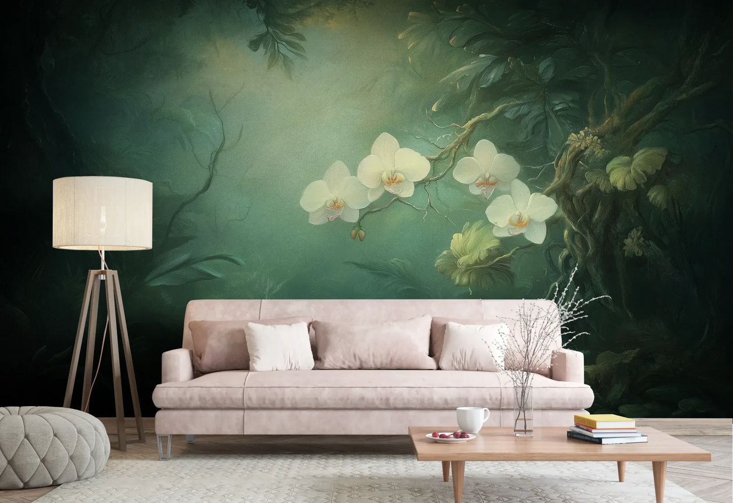 Wzór fototapety MOONLIT ORCHIDS - tapeta z tajemniczymi kwiatami w mistycznej poświacie pokazanej w aranżacji salonu.
