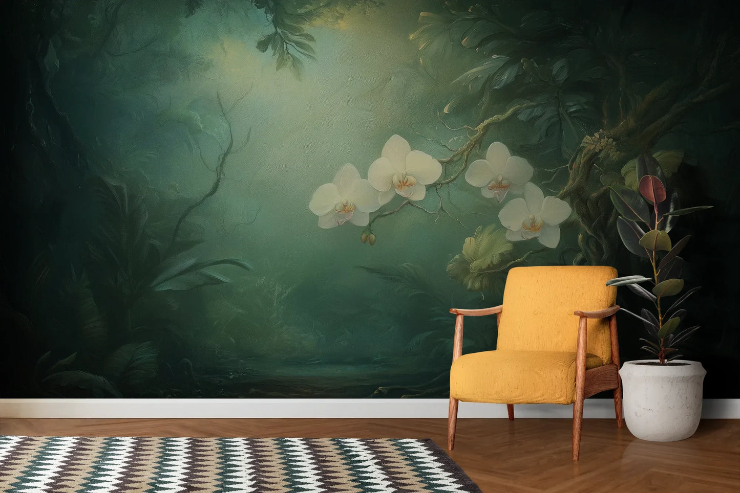 Wzór fototapety MOONLIT ORCHIDS - tapeta z tajemniczymi kwiatami w mistycznej poświacie pokazanej w aranżacji salonu.