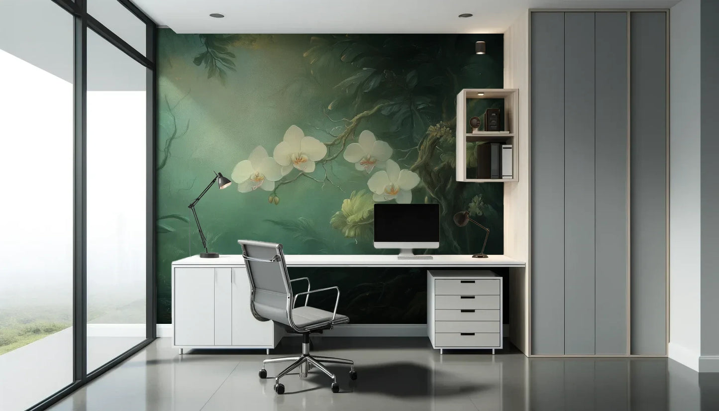 Fototapeta MOONLIT ORCHIDS - tapeta z tajemniczymi kwiatami w mistycznej poświacie pokazana w aranżacji biura.
