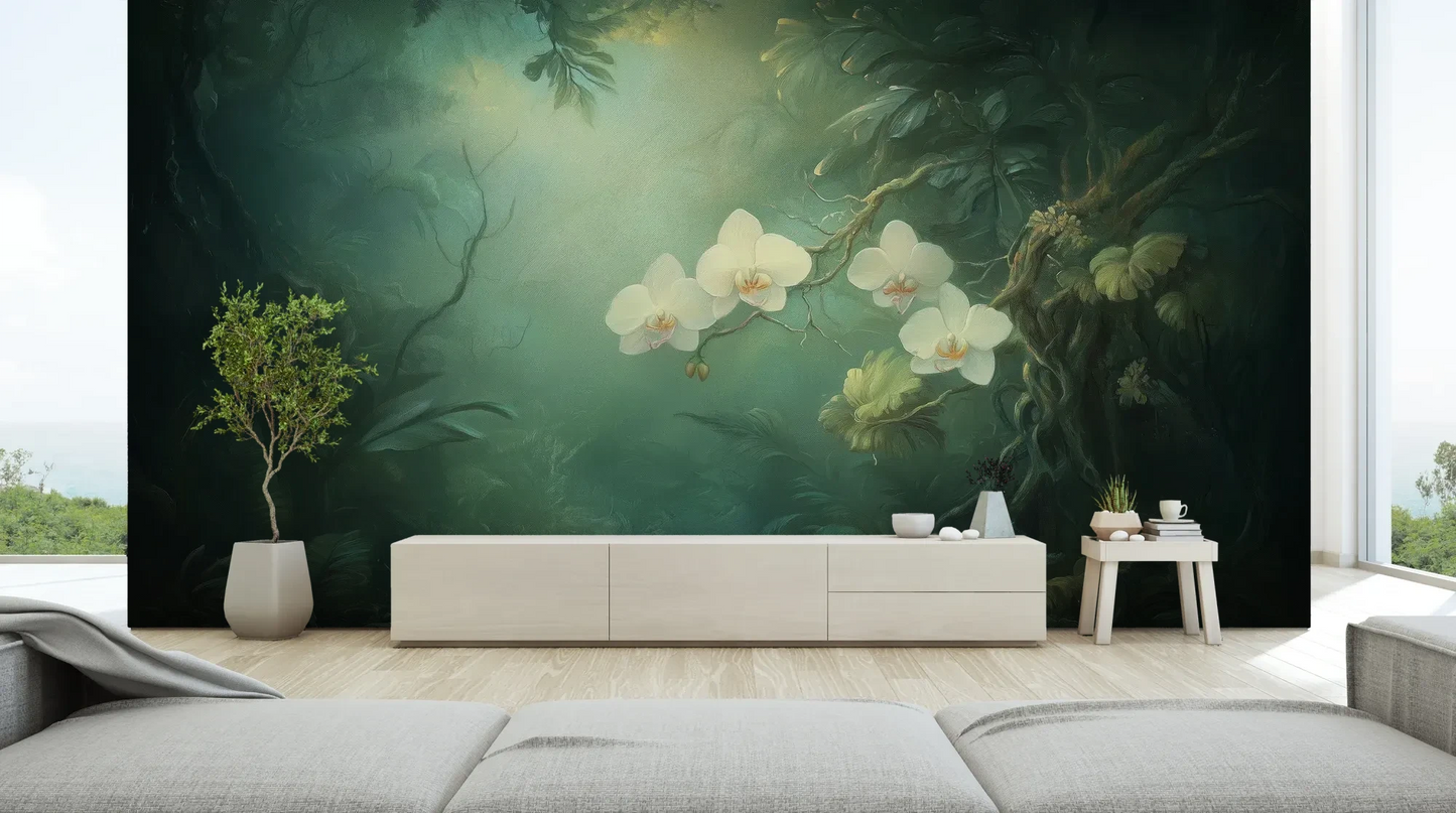 Wzór fototapety MOONLIT ORCHIDS - tapeta z tajemniczymi kwiatami w mistycznej poświacie pokazanej w aranżacji salonu.