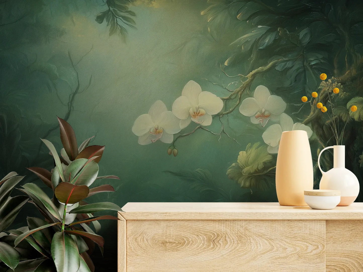 Fototapeta MOONLIT ORCHIDS - tapeta z tajemniczymi kwiatami w mistycznej poświacie pokazana w aranżacji wnętrza z akcentem na ścianie.