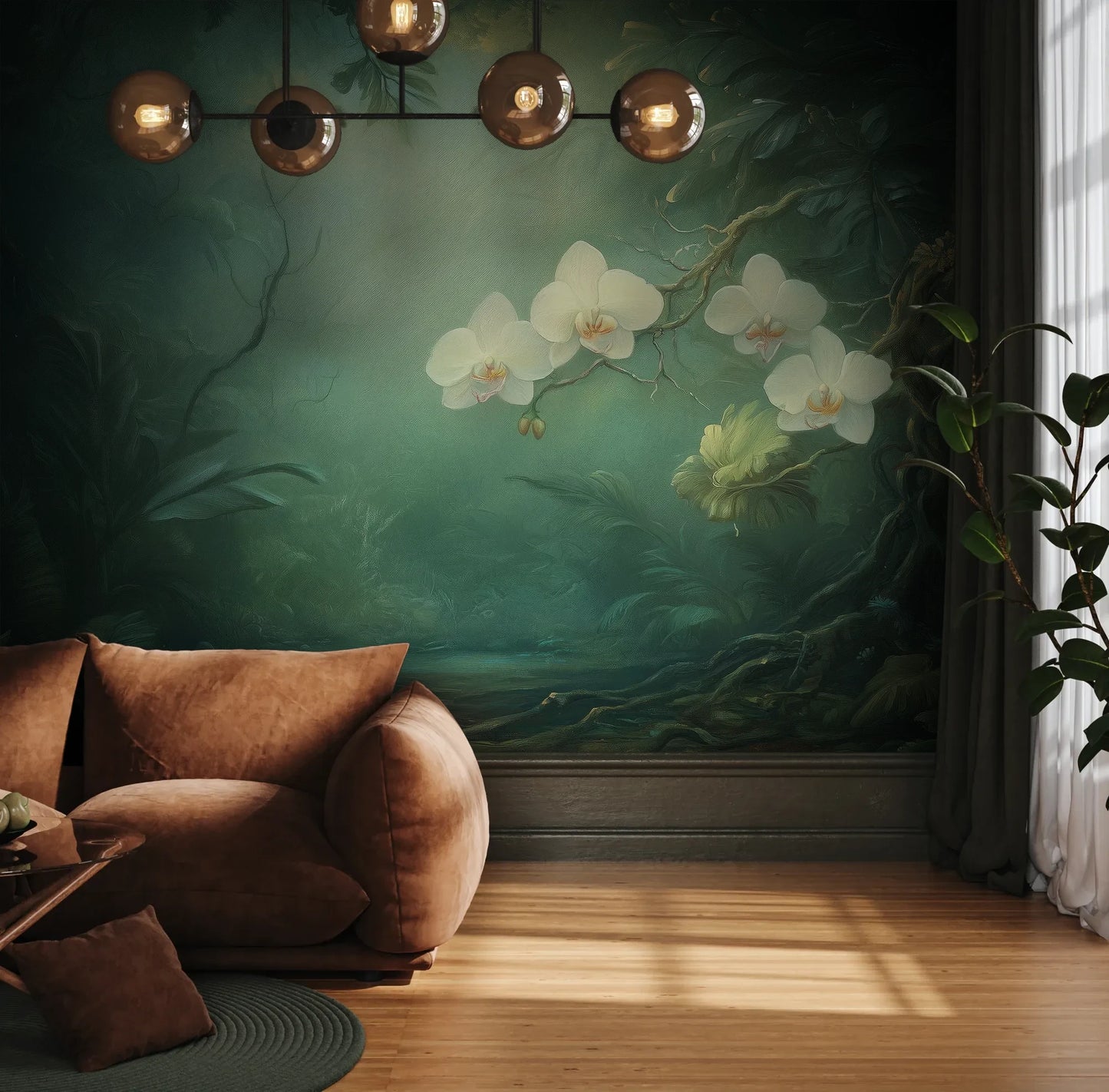 Fototapeta MOONLIT ORCHIDS - tapeta z tajemniczymi kwiatami w mistycznej poświacie pokazana w aranżacji wnętrza z akcentem na ścianie.