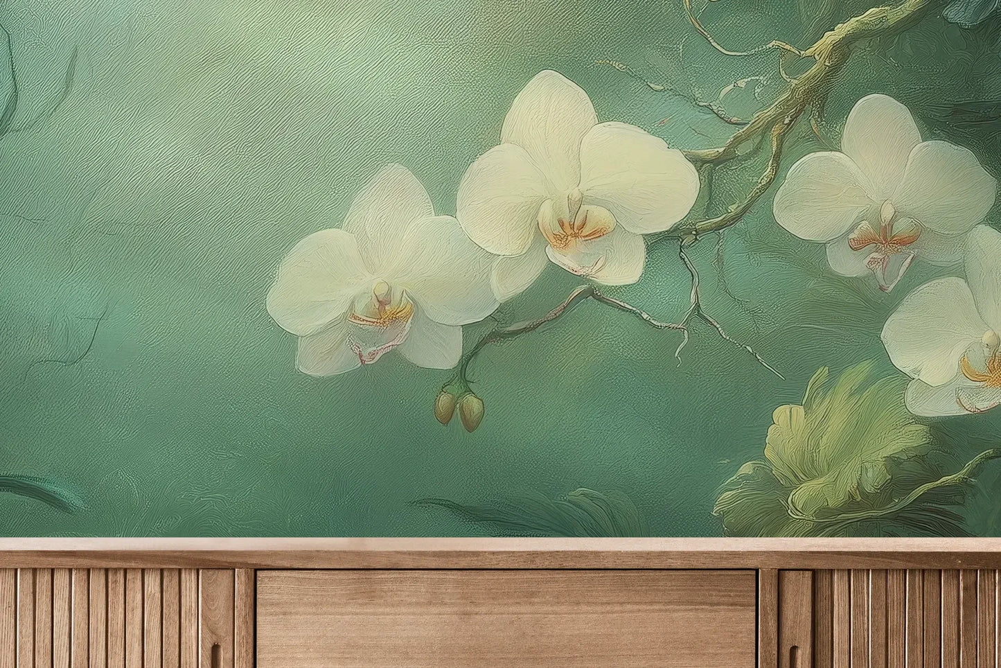 Fototapeta MOONLIT ORCHIDS - tapeta z tajemniczymi kwiatami w mistycznej poświacie pokazana w aranżacji wnętrza z akcentem na ścianie.