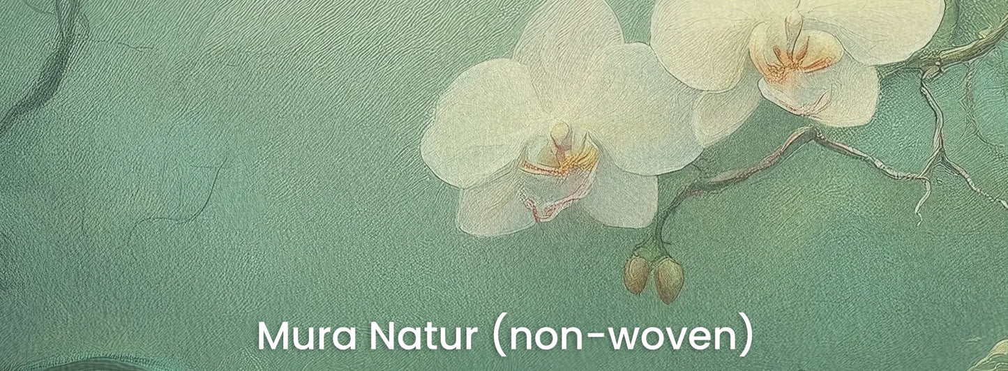 Zbliżenie na fototapetę MOONLIT ORCHIDS - tapeta z tajemniczymi kwiatami w mistycznej poświacie na naturalnym podłożu ekologicznym.