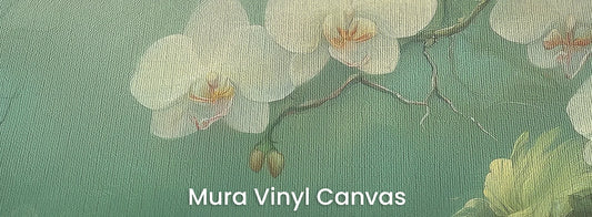 Zbliżenie na fototapetę MOONLIT ORCHIDS - tapeta z tajemniczymi kwiatami w mistycznej poświacie na podłożu o fakturze płótna.