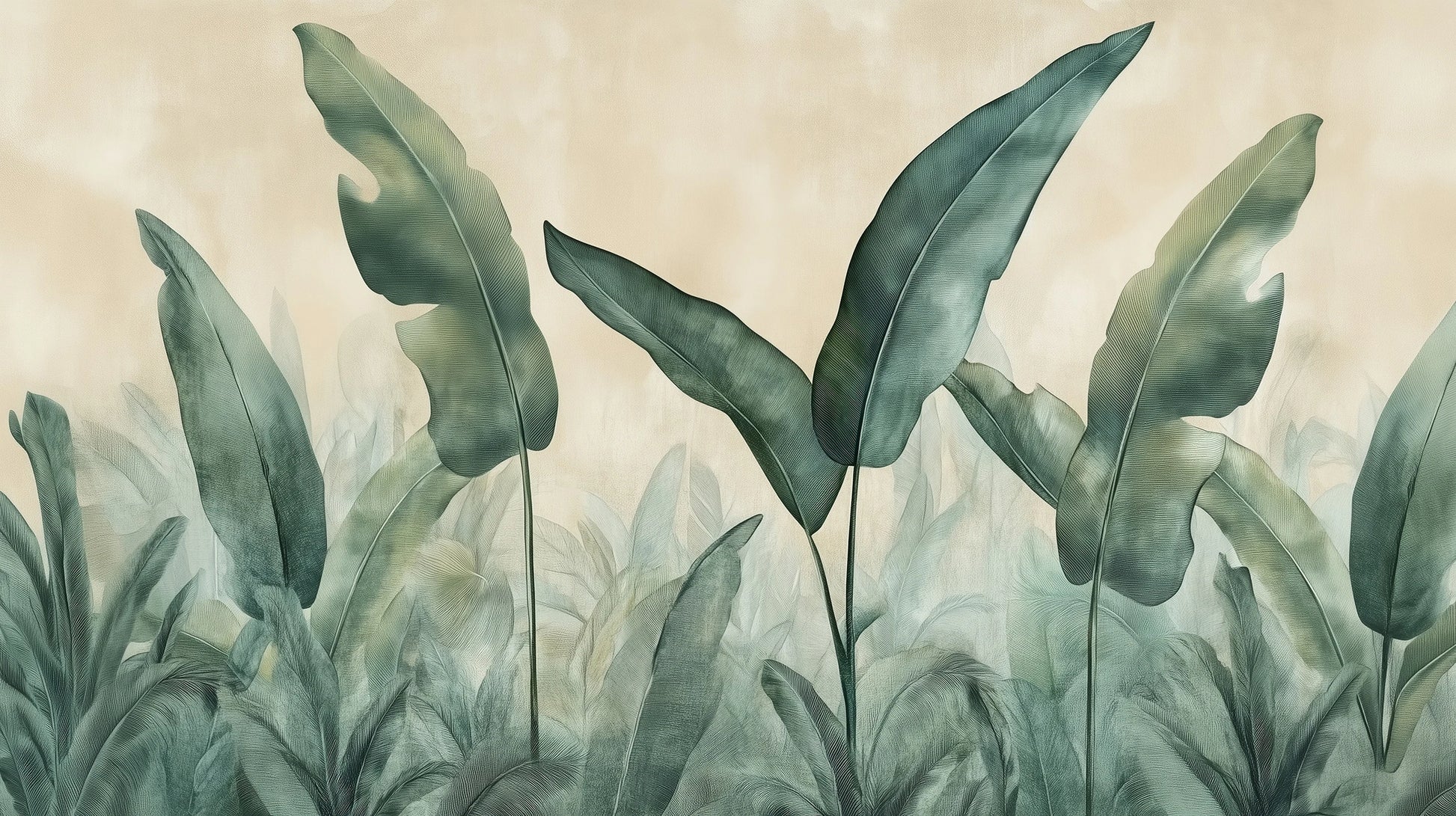 Prezentacja całego wzoru fototapety o nazwie EMERALD WHISPERS - tapeta z tropikalnymi liśćmi w odcieniach zieleni