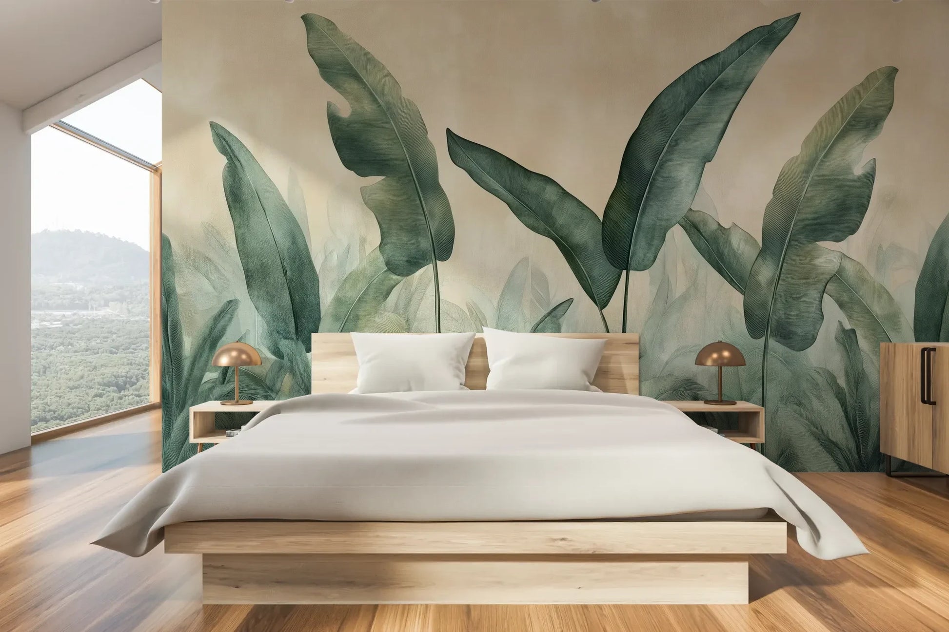 Wzór fototapety EMERALD WHISPERS - tapeta z tropikalnymi liśćmi w odcieniach zieleni pokazanej w aranżacji sypialni.