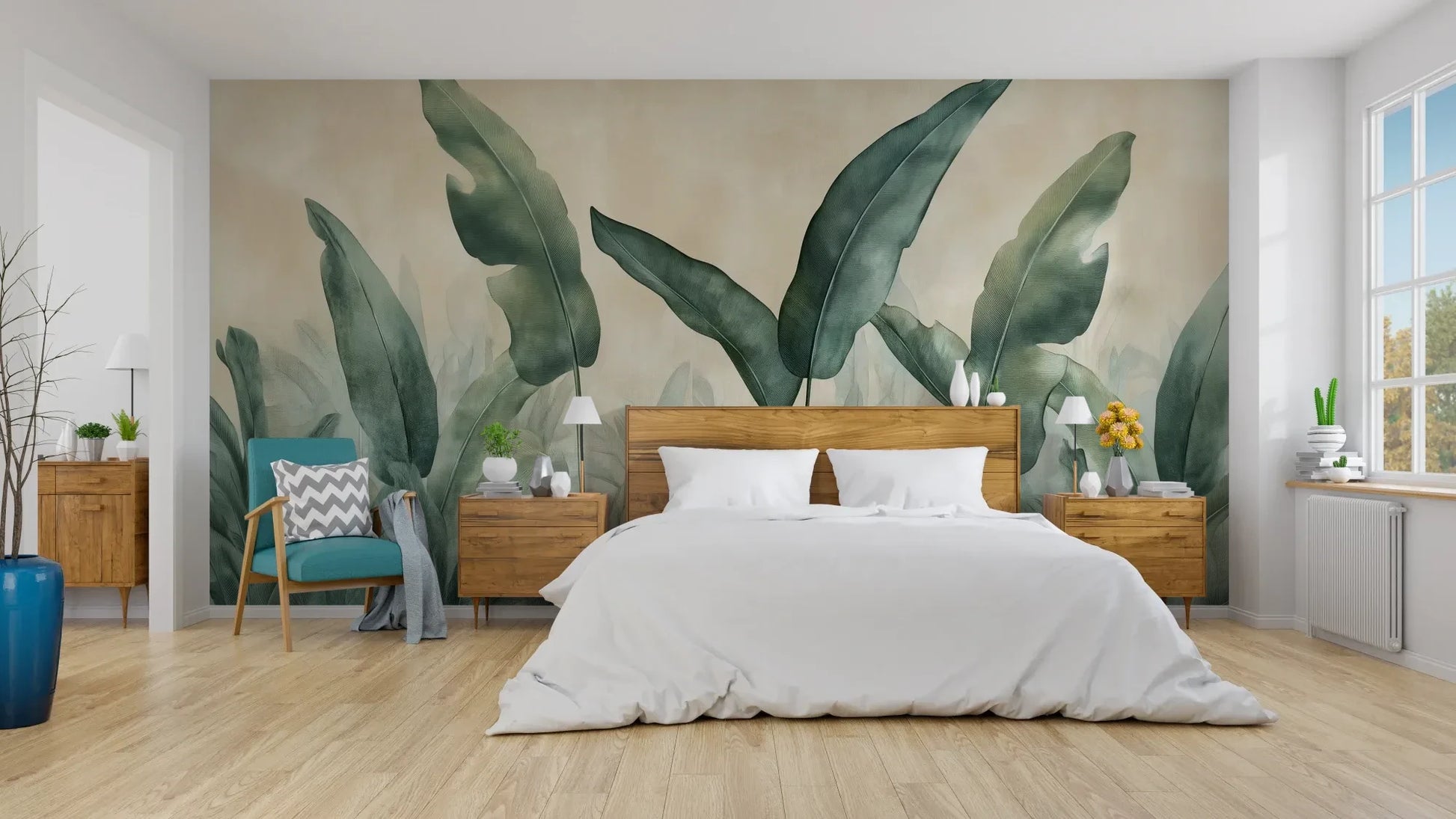 Wzór fototapety EMERALD WHISPERS - tapeta z tropikalnymi liśćmi w odcieniach zieleni pokazanej w aranżacji sypialni.