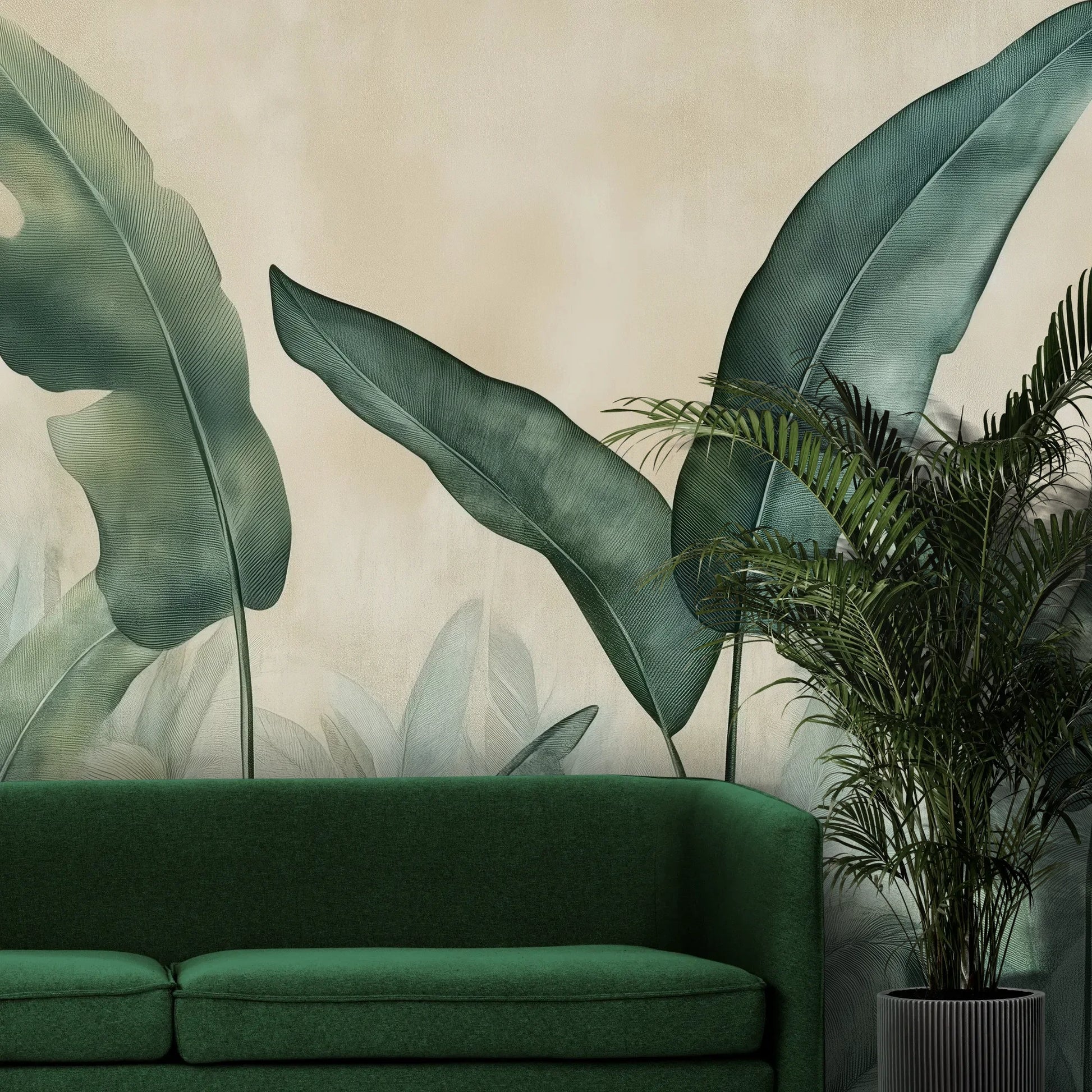 Fototapeta EMERALD WHISPERS - tapeta z tropikalnymi liśćmi w odcieniach zieleni pokazana w aranżacji wnętrza z akcentem na ścianie.