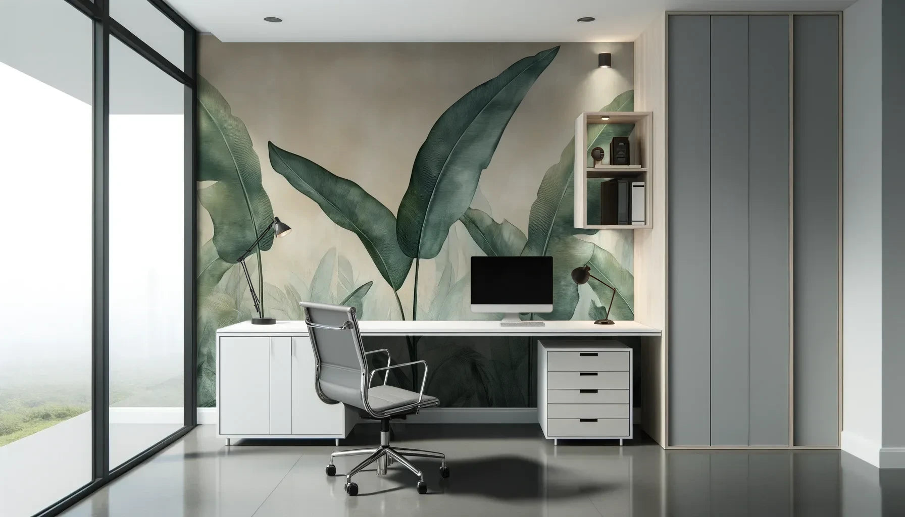 Fototapeta EMERALD WHISPERS - tapeta z tropikalnymi liśćmi w odcieniach zieleni pokazana w aranżacji biura.