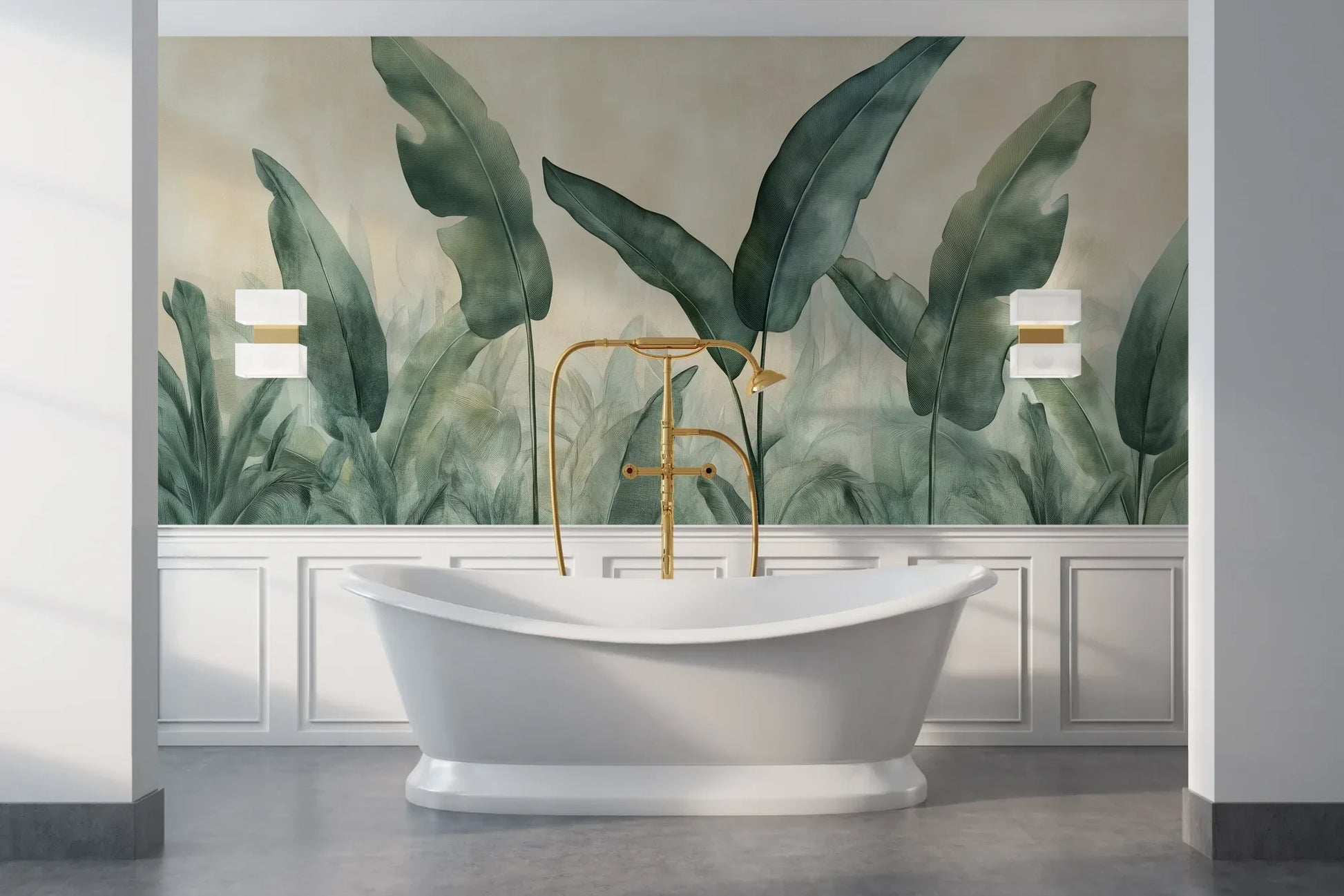 Wzór fototapety EMERALD WHISPERS - tapeta z tropikalnymi liśćmi w odcieniach zieleni pokazanej w aranżacji łazienki.