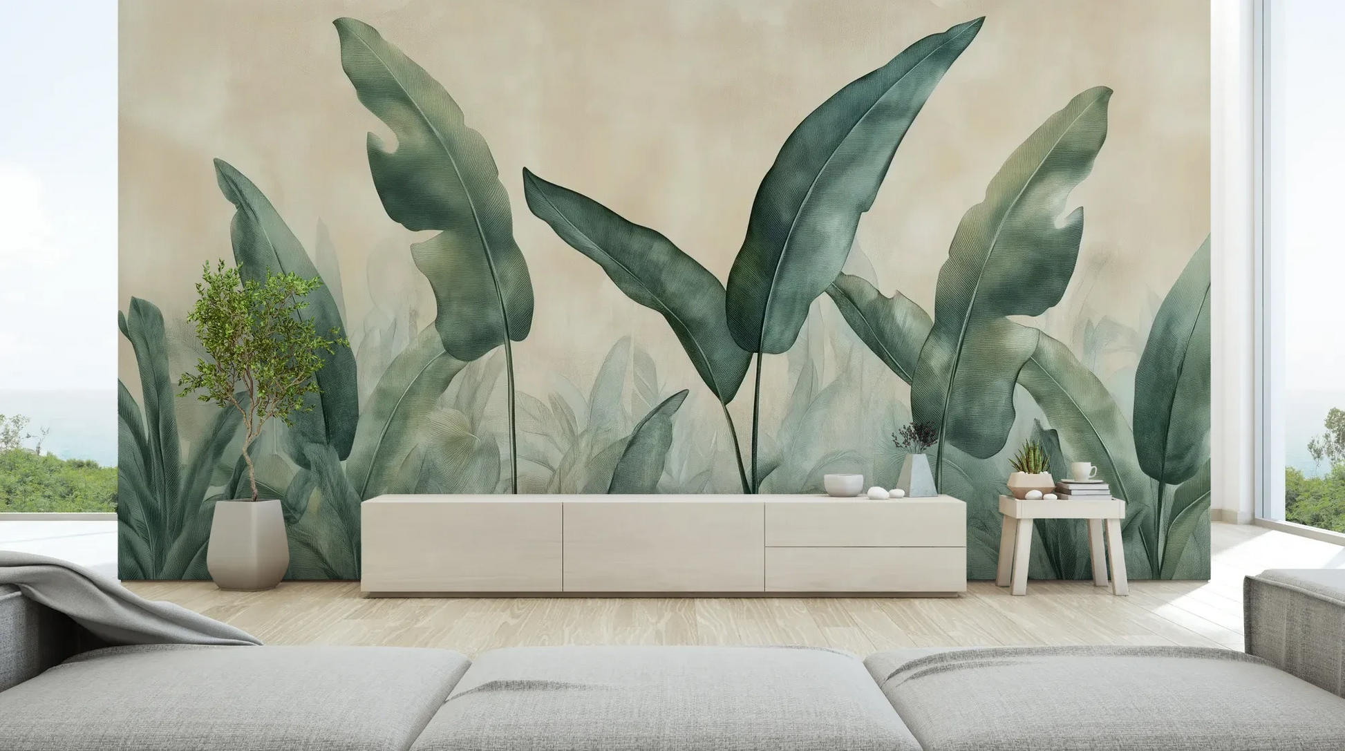 Wzór fototapety EMERALD WHISPERS - tapeta z tropikalnymi liśćmi w odcieniach zieleni pokazanej w aranżacji salonu.