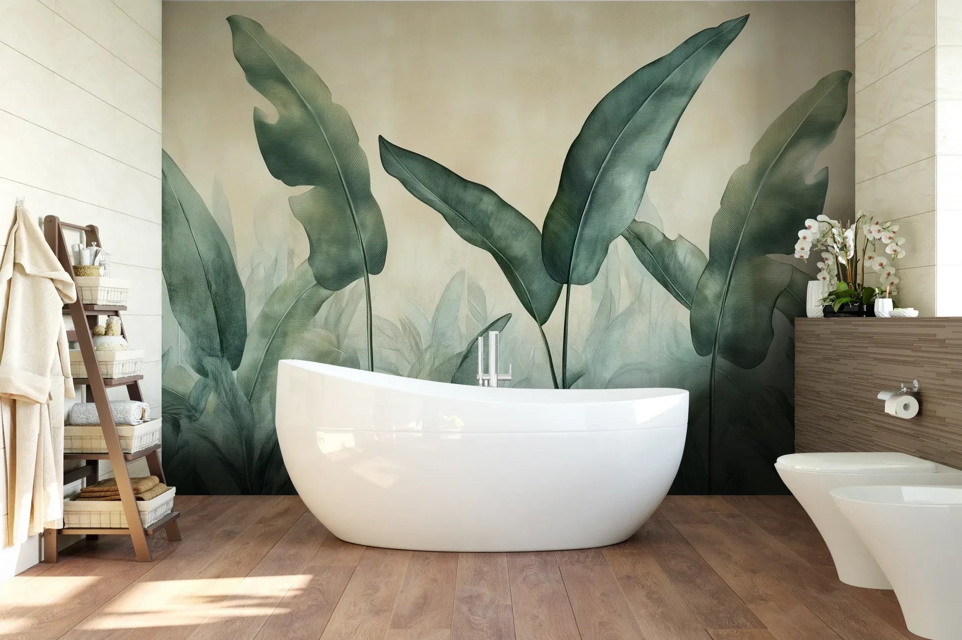 Wzór fototapety EMERALD WHISPERS - tapeta z tropikalnymi liśćmi w odcieniach zieleni pokazanej w aranżacji łazienki.