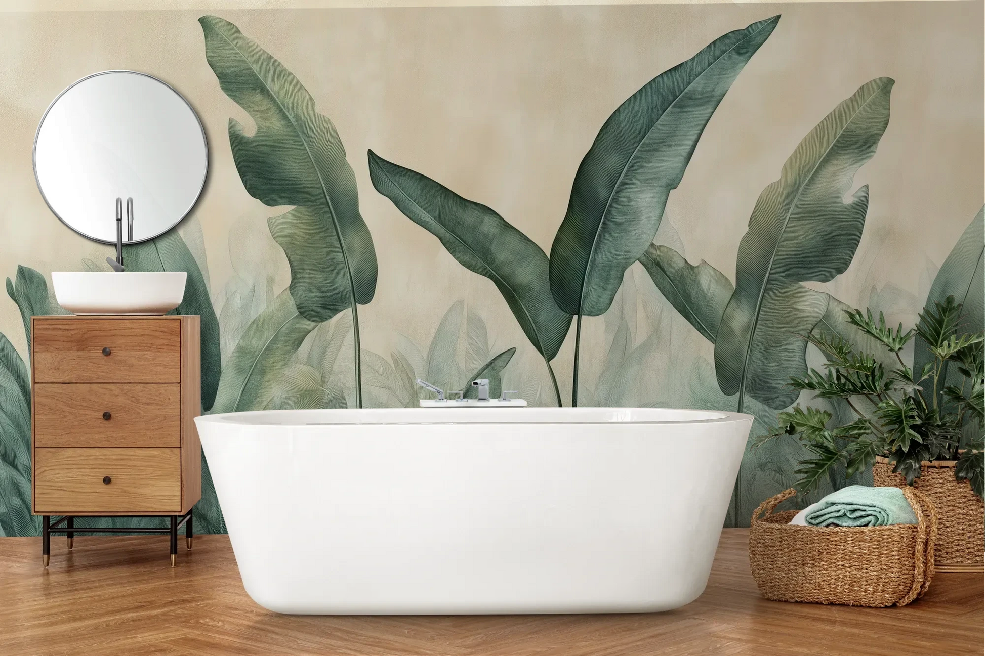 Wzór fototapety EMERALD WHISPERS - tapeta z tropikalnymi liśćmi w odcieniach zieleni pokazanej w aranżacji łazienki.