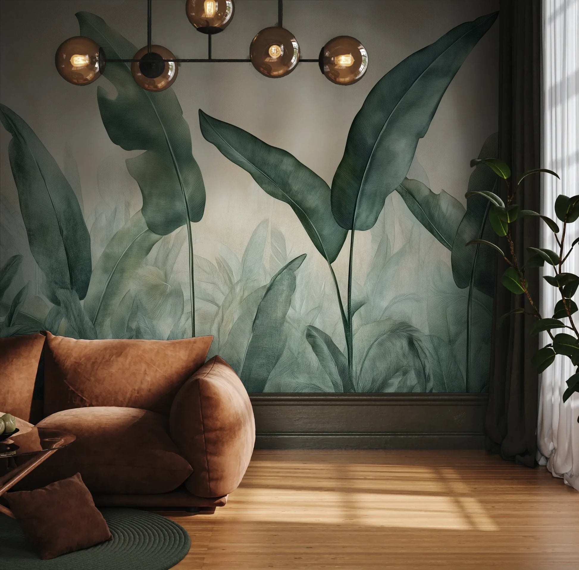 Fototapeta EMERALD WHISPERS - tapeta z tropikalnymi liśćmi w odcieniach zieleni pokazana w aranżacji wnętrza z akcentem na ścianie.