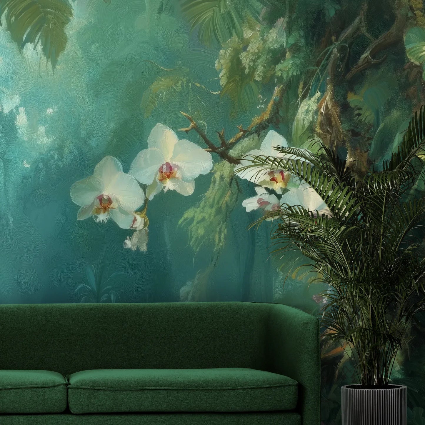 Fototapeta ORCHID RAINFOREST - tapeta z mistyczną dżunglą i kwitnącymi orchideami pokazana w aranżacji wnętrza z akcentem na ścianie.