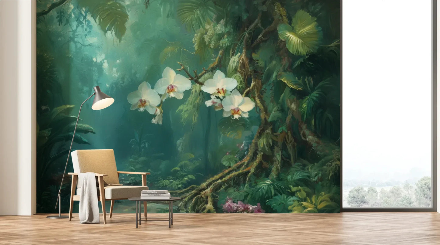Wzór fototapety ORCHID RAINFOREST - tapeta z mistyczną dżunglą i kwitnącymi orchideami pokazanej w aranżacji salonu.