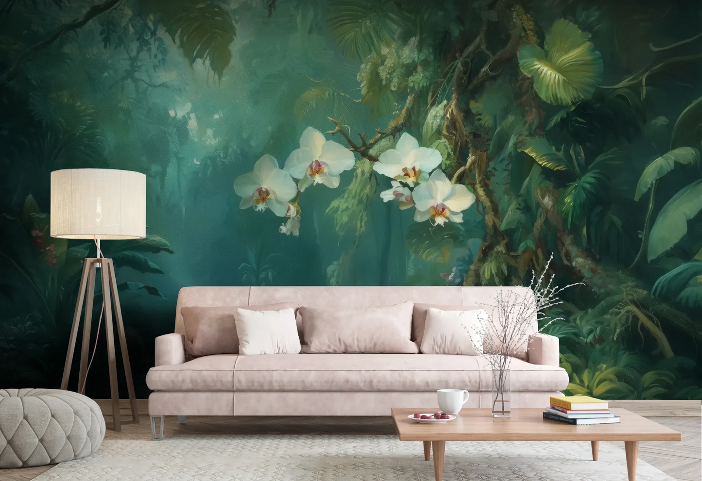 Wzór fototapety ORCHID RAINFOREST - tapeta z mistyczną dżunglą i kwitnącymi orchideami pokazanej w aranżacji salonu.