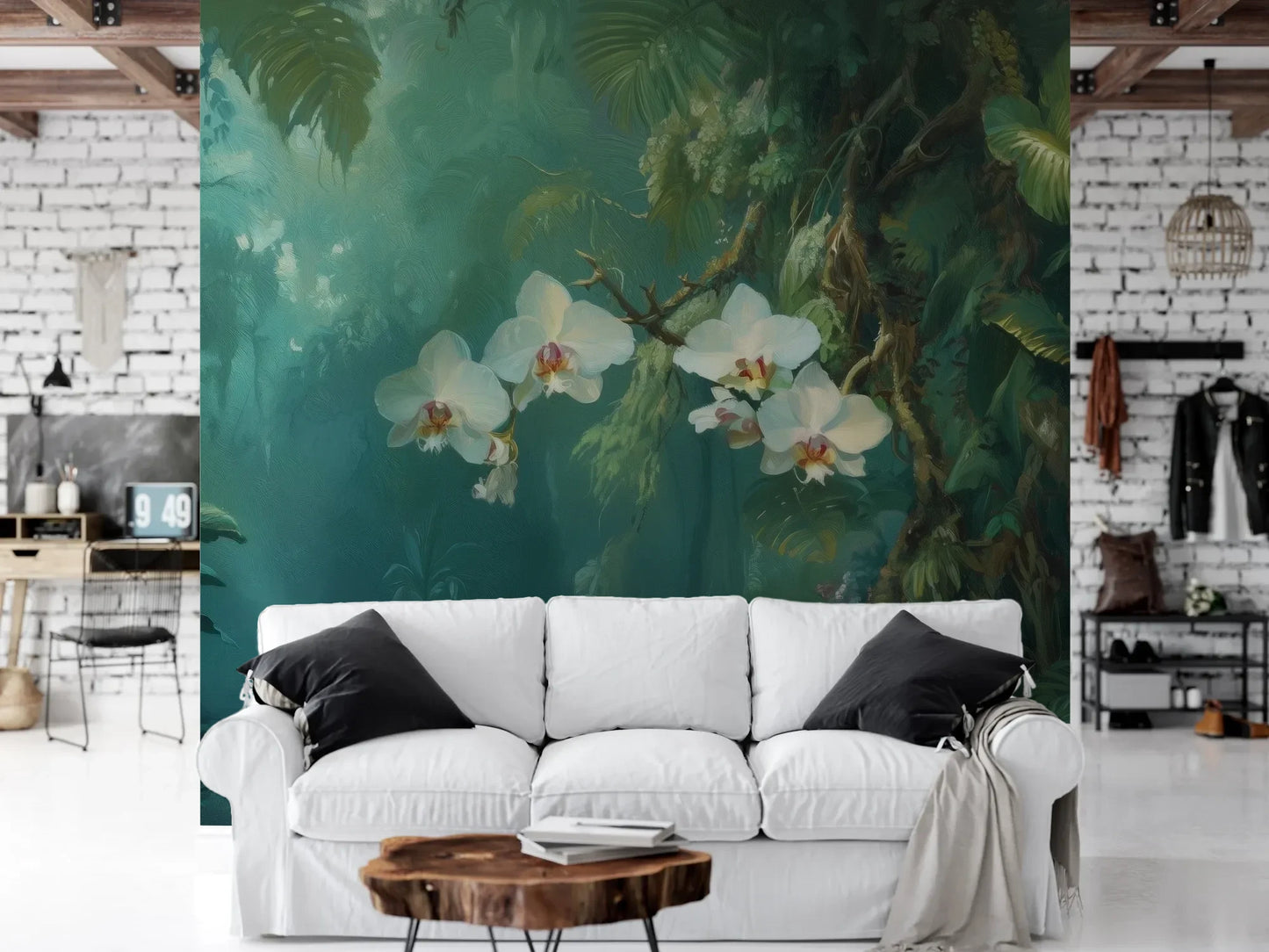 Wzór fototapety ORCHID RAINFOREST - tapeta z mistyczną dżunglą i kwitnącymi orchideami pokazanej w aranżacji salonu.