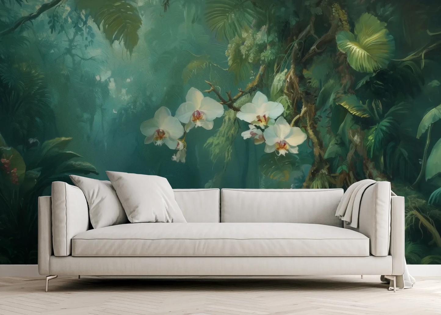 Wzór fototapety ORCHID RAINFOREST - tapeta z mistyczną dżunglą i kwitnącymi orchideami pokazanej w aranżacji salonu.