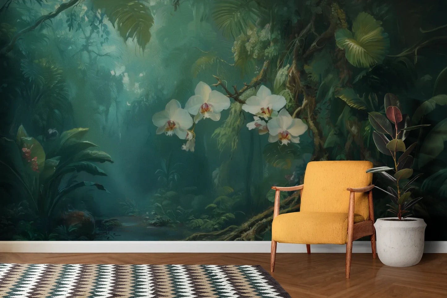 Wzór fototapety ORCHID RAINFOREST - tapeta z mistyczną dżunglą i kwitnącymi orchideami pokazanej w aranżacji salonu.