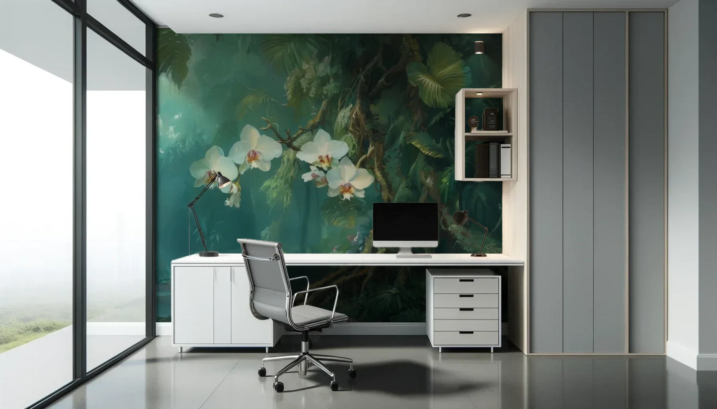 Fototapeta ORCHID RAINFOREST - tapeta z mistyczną dżunglą i kwitnącymi orchideami pokazana w aranżacji biura.
