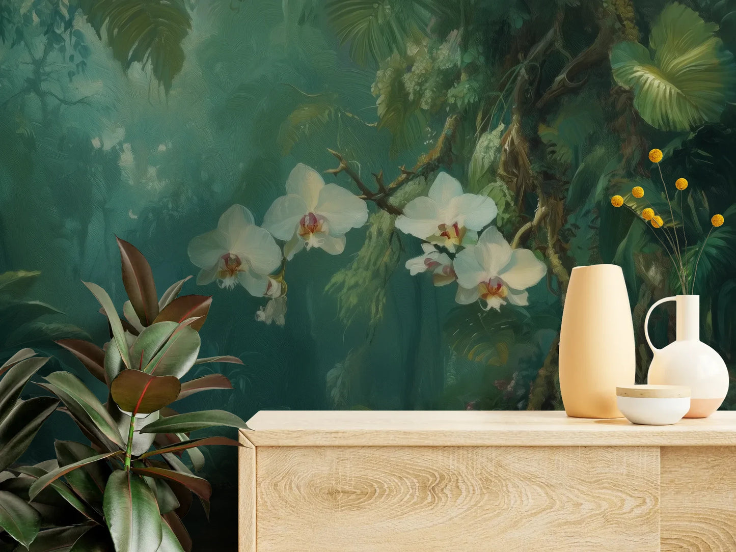 Fototapeta ORCHID RAINFOREST - tapeta z mistyczną dżunglą i kwitnącymi orchideami pokazana w aranżacji wnętrza z akcentem na ścianie.