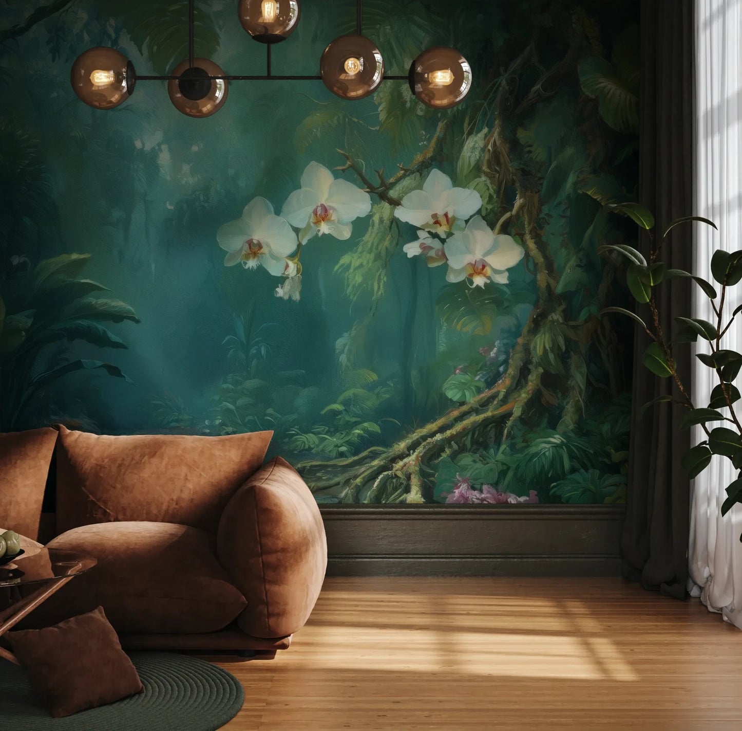 Fototapeta ORCHID RAINFOREST - tapeta z mistyczną dżunglą i kwitnącymi orchideami pokazana w aranżacji wnętrza z akcentem na ścianie.