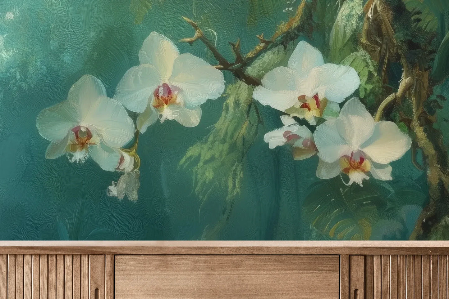 Fototapeta ORCHID RAINFOREST - tapeta z mistyczną dżunglą i kwitnącymi orchideami pokazana w aranżacji wnętrza z akcentem na ścianie.