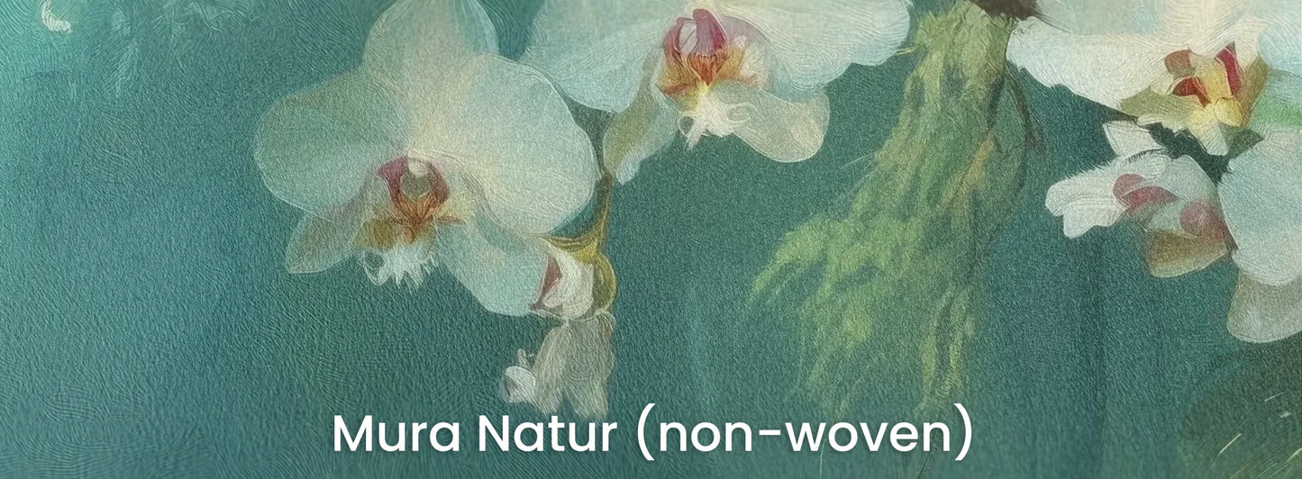 Zbliżenie na fototapetę ORCHID RAINFOREST - tapeta z mistyczną dżunglą i kwitnącymi orchideami na naturalnym podłożu ekologicznym.