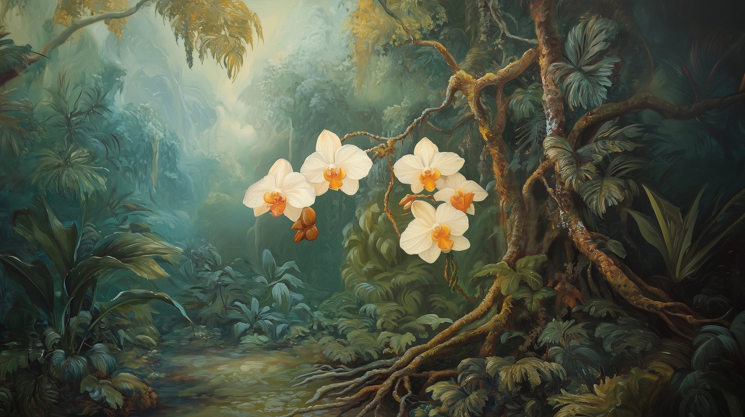 Podgląd wzoru: Prezentacja całego wzoru fototapety o nazwie ORCHID LUMINANCE - tapeta z tropikalnymi kwiatami w mistycznym lesie
