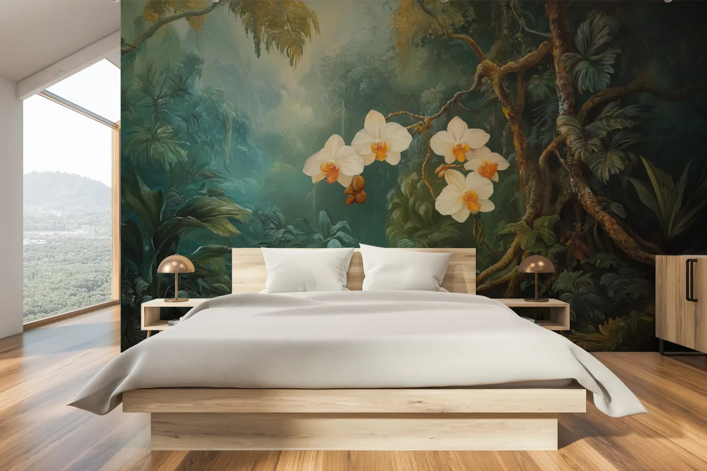 Wzór fototapety ORCHID LUMINANCE - tapeta z tropikalnymi kwiatami w mistycznym lesie pokazanej w aranżacji sypialni.