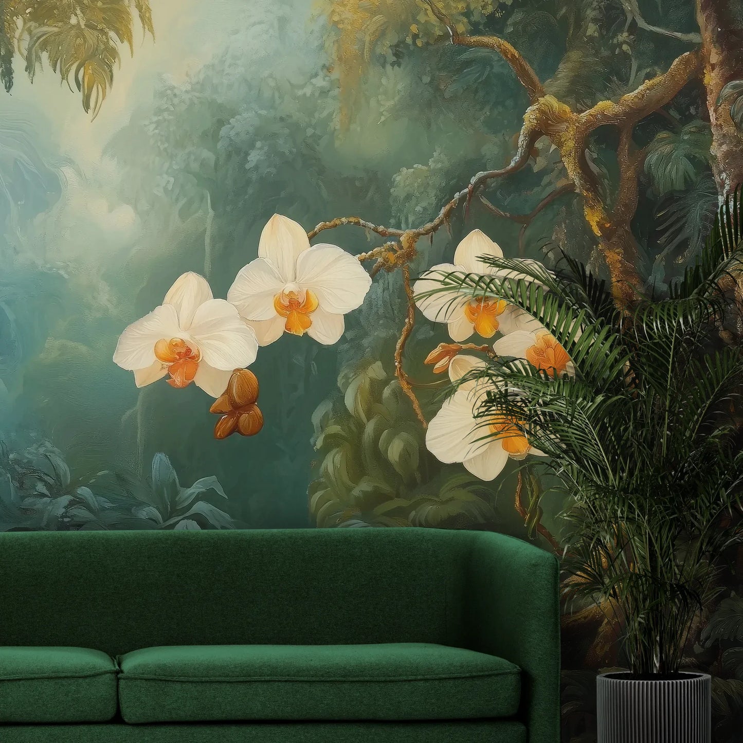 Fototapeta ORCHID LUMINANCE - tapeta z tropikalnymi kwiatami w mistycznym lesie pokazana w aranżacji wnętrza z akcentem na ścianie.