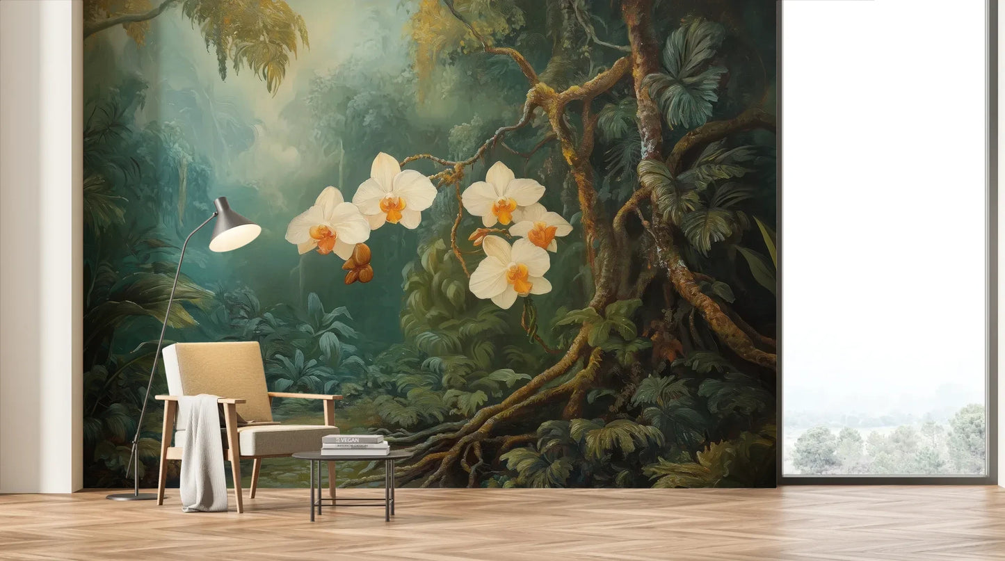 Wzór fototapety ORCHID LUMINANCE - tapeta z tropikalnymi kwiatami w mistycznym lesie pokazanej w aranżacji salonu.