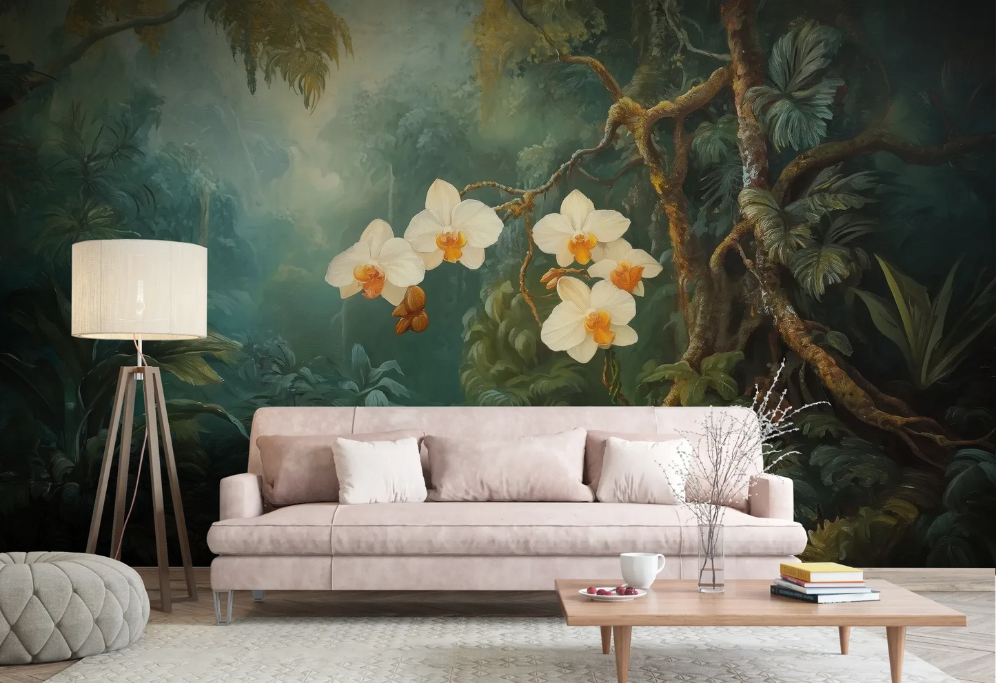 Wzór fototapety ORCHID LUMINANCE - tapeta z tropikalnymi kwiatami w mistycznym lesie pokazanej w aranżacji salonu.