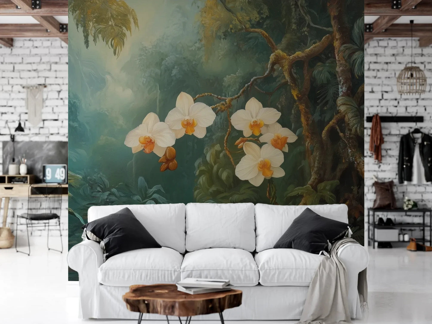 Wzór fototapety ORCHID LUMINANCE - tapeta z tropikalnymi kwiatami w mistycznym lesie pokazanej w aranżacji salonu.