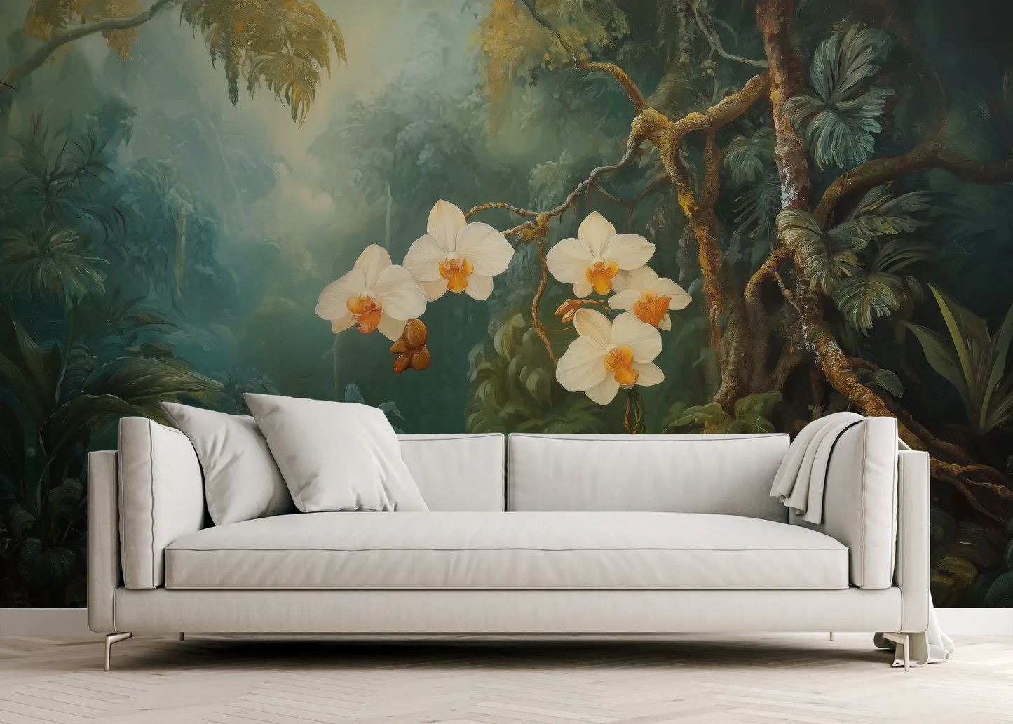 Wzór fototapety ORCHID LUMINANCE - tapeta z tropikalnymi kwiatami w mistycznym lesie pokazanej w aranżacji salonu.