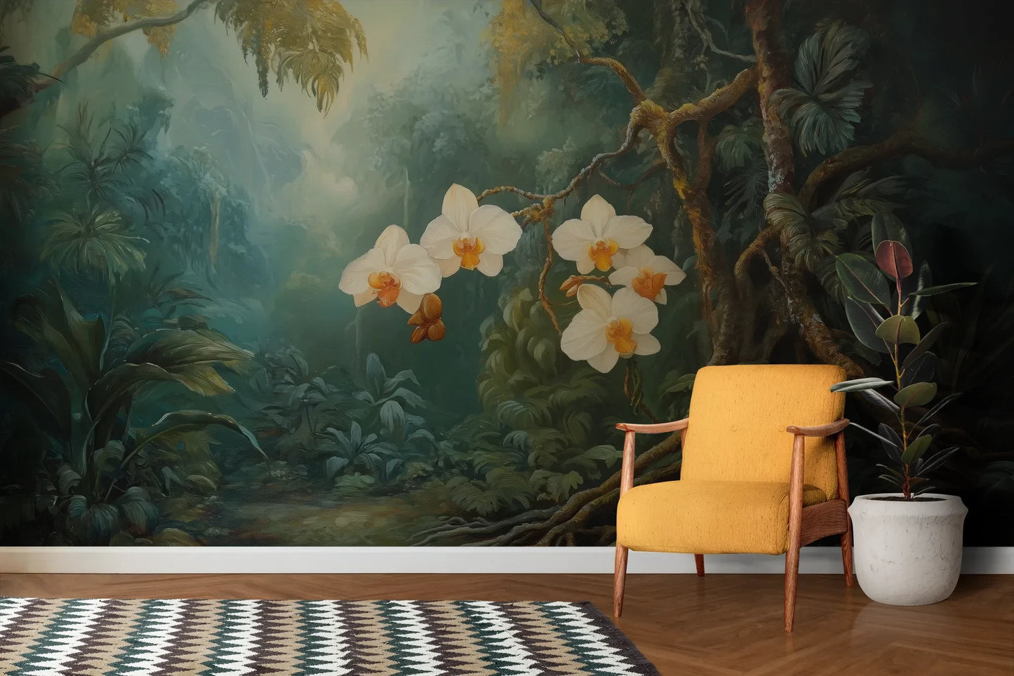 Wzór fototapety ORCHID LUMINANCE - tapeta z tropikalnymi kwiatami w mistycznym lesie pokazanej w aranżacji salonu.