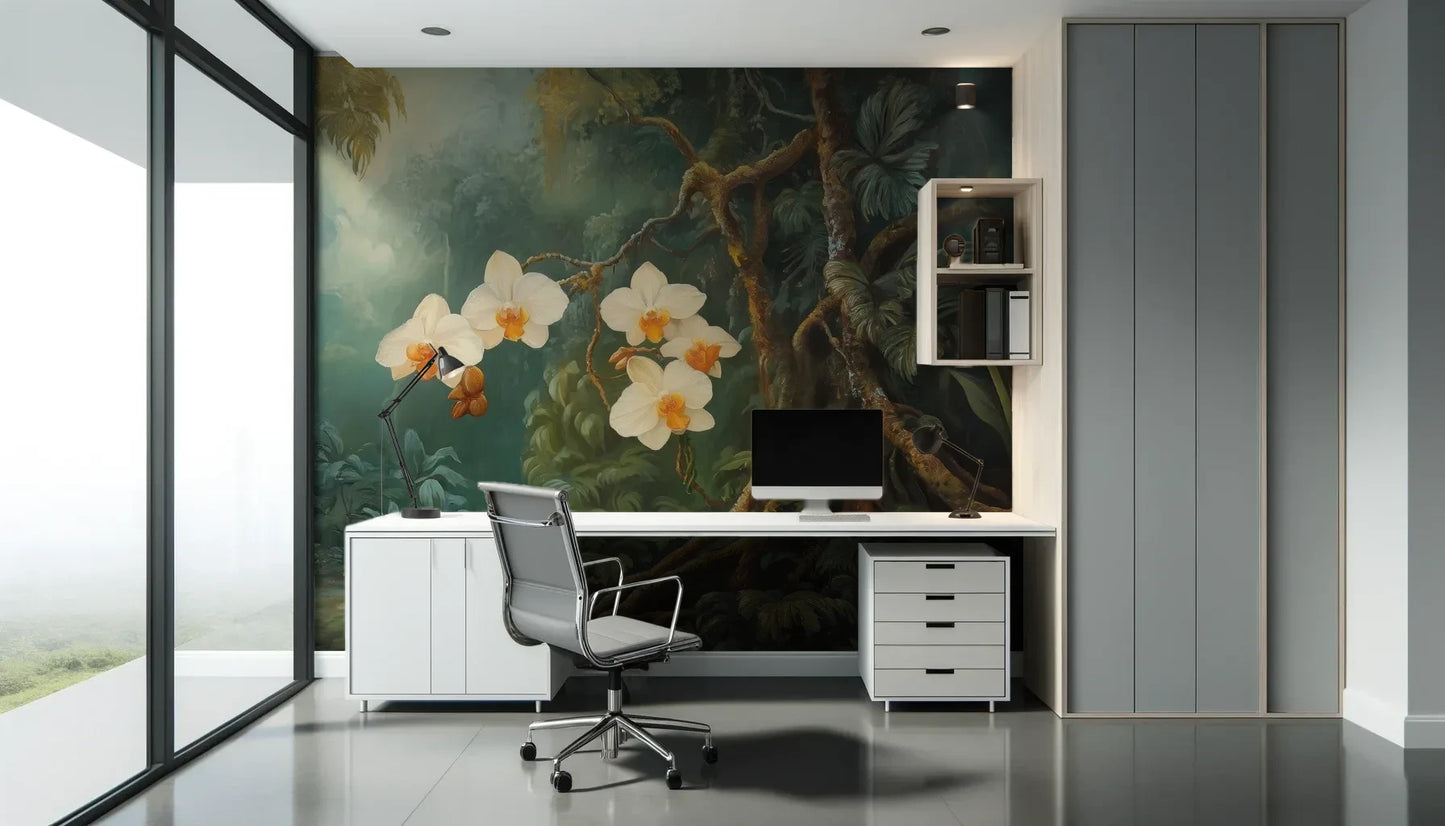 Fototapeta ORCHID LUMINANCE - tapeta z tropikalnymi kwiatami w mistycznym lesie pokazana w aranżacji biura.