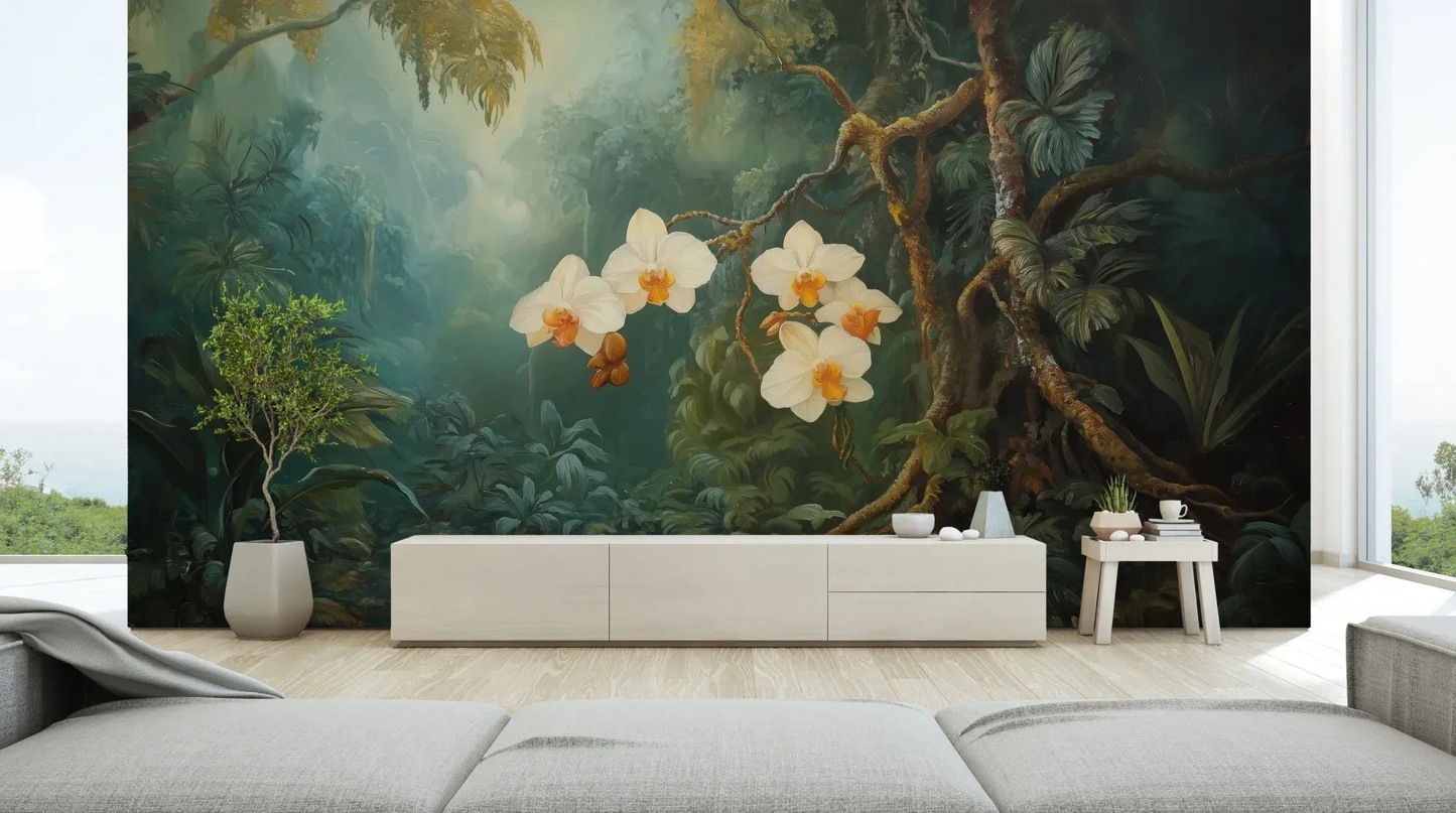 Wzór fototapety ORCHID LUMINANCE - tapeta z tropikalnymi kwiatami w mistycznym lesie pokazanej w aranżacji salonu.