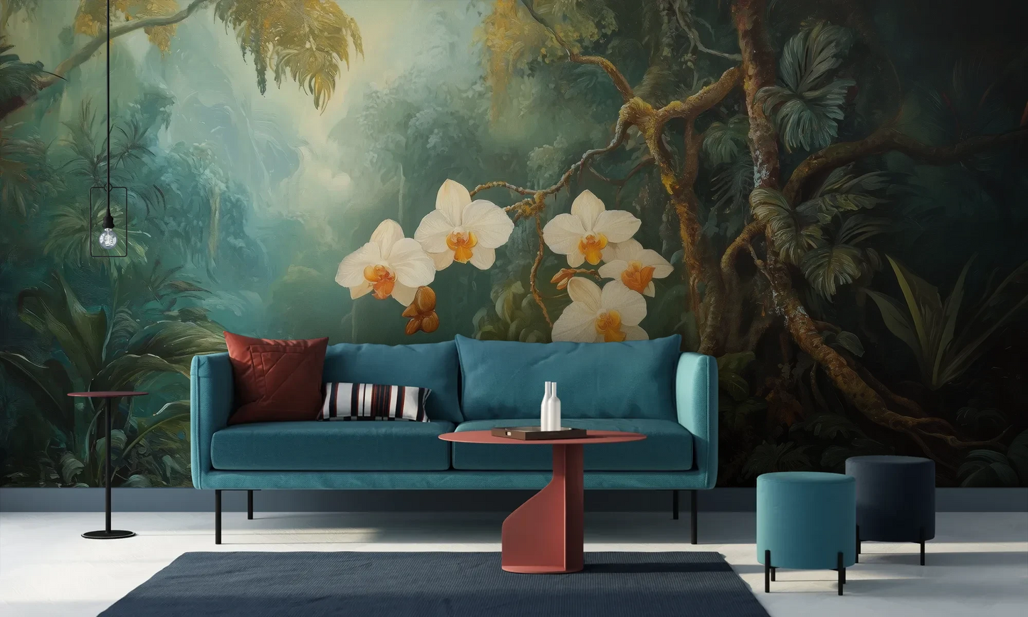 Wzór fototapety ORCHID LUMINANCE - tapeta z tropikalnymi kwiatami w mistycznym lesie pokazanej w aranżacji salonu.